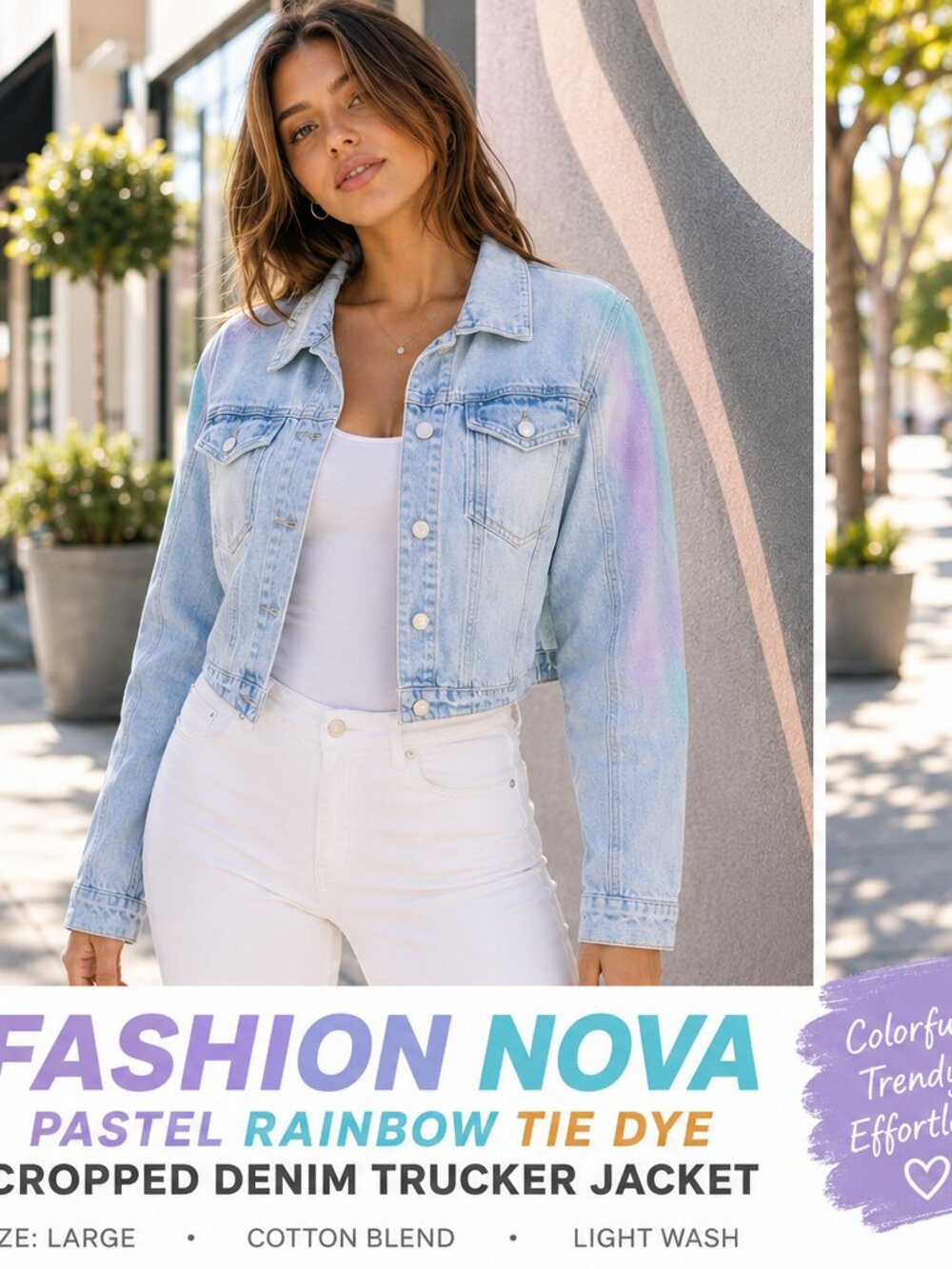 Fashion Nova Pastel Rainbow Tie Dye Cropped Denim Trucker Jacket L Y2K